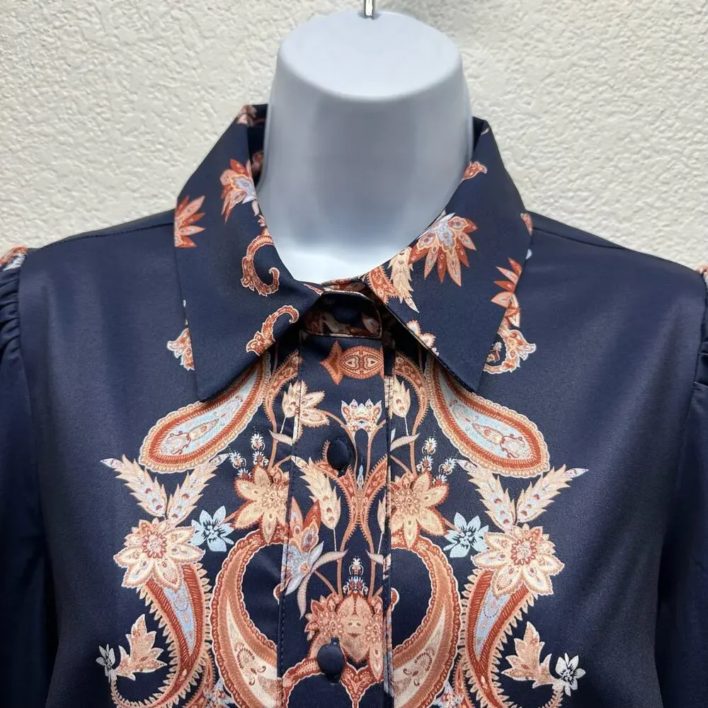 New! Boston Proper Women’s Sz M Button Up Long Sleeve Paisley Print Blouse, V574 - Picture 4 of 16